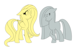 Size: 1800x1200 | Tagged: safe, artist:mofetafrombrooklyn, fluttershy, marble pie, earth pony, pegasus, pony, g4, duo, duo female, female, folded wings, looking at each other, looking at someone, mare, monochrome, simple background, white background, wings