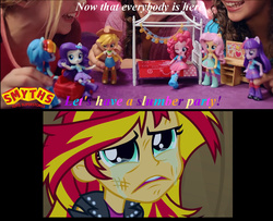 Size: 1475x1200 | Tagged: safe, screencap, applejack, fluttershy, pinkie pie, rainbow dash, rarity, sunset shimmer, twilight sparkle, equestria girls, g4, clothes, commercial, crying, doll, equestria girls minis, female, hilarious in hindsight, image macro, irl, mane six, meme, photo, rude, skirt, sunsad shimmer, toy