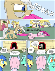 Size: 1024x1322 | Tagged: safe, artist:average-00, bon bon, derpy hooves, lyra heartstrings, mayor mare, pinkie pie, sweetie drops, pegasus, pony, comic:opposites, g4, comic, female, mare, mouth hold, pinkamena diane pie, tail pull