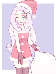 Size: 620x810 | Tagged: safe, artist:nemucure, fluttershy, equestria girls, g4, clothes, cute, dress, embarrassed, female, gloves, hat, santa costume, santa hat, sleeveless, socks, solo, strapless, thigh highs