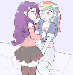 Size: 633x648 | Tagged: safe, artist:nemucure, rainbow dash, rarity, equestria girls, g4, bare shoulders, boop, clothes, female, lesbian, ship:raridash, shipping, skirt