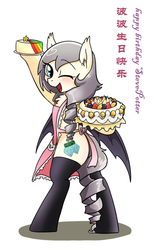 Size: 546x884 | Tagged: safe, artist:yukandasama, oc, oc only, oc:stevepotter, bat pony, pony, apron, cake, chinese, clothes, commission, food, happy birthday, steam