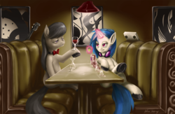 Size: 1000x652 | Tagged: safe, artist:aphexangel, dj pon-3, octavia melody, vinyl scratch, earth pony, pony, unicorn, g4, alcohol, bar, beer, colored hooves, female, food, hooves, levitation, magic, mare, telekinesis, underhoof, unshorn fetlocks, wine