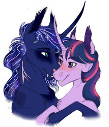 Size: 1024x1199 | Tagged: safe, artist:biakela, princess luna, twilight sparkle, g4, bedroom eyes, chest fluff, clothes, ear fluff, eye contact, fangs, female, fluffy, grin, hug, lesbian, scar, ship:twiluna, shipping, slit pupils, smiling, unshorn fetlocks