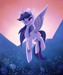 Size: 1624x1936 | Tagged: safe, artist:miss-cats, twilight sparkle, alicorn, firefly (insect), pony, g4, female, flying, mare, mountain, solo, sunrise, twilight sparkle (alicorn), wingding eyes