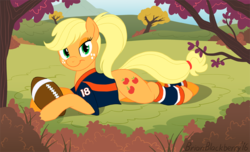 Size: 725x440 | Tagged: safe, artist:brianblackberry, applejack, earth pony, pony, g4, american football, autumn, bedroom eyes, bottomless, bush, clothes, denver broncos, featured image, female, hatless, jersey, leg warmers, looking at you, lying down, mare, missing accessory, nfl, outdoors, peyton manning, ponytail, prone, shirt, smiling, solo, sploot, sports, tree