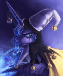 Size: 841x1005 | Tagged: safe, artist:annielith, princess luna, g4, bells, clothes, female, jester, redraw, solo, sparkles