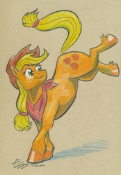 Size: 1024x1474 | Tagged: safe, artist:moviedragon009v2, applejack, g4, bandana, bucking, female, solo, traditional art, unshorn fetlocks, watermark