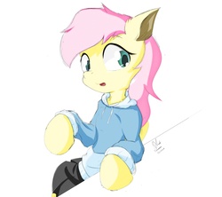 Size: 4513x4007 | Tagged: safe, artist:ando, fluttershy, semi-anthro, g4, absurd resolution, clothes, female, hoodie, looking sideways, open mouth, raised hoof, simple background, solo, table, white background