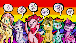 Size: 1280x721 | Tagged: safe, artist:rastaquouere69, applejack, fluttershy, pinkie pie, rainbow dash, rarity, twilight sparkle, alicorn, earth pony, pegasus, pony, unicorn, ask rarity and pinkie, g4, :t, asexual, asexual pride flag, bedroom eyes, bisexual pride flag, bisexuality, diversity, eyes closed, female, frown, gay, gay pride flag, gender headcanon, genderqueer, genderqueer pride flag, glare, hoof hold, lesbian, lgbt, lgbt headcanon, magic, male, mane six, open mouth, pansexual, pansexual pride flag, polyamorous pride flag, polyamory, pride, pride flag, sexuality, sexuality headcanon, smiling, telekinesis, transgender, transgender pride flag, twilight sparkle (alicorn), unamused