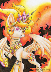 Size: 1206x1701 | Tagged: safe, artist:lunar-white-wolf, nightmare star, princess celestia, g4, female, jewelry, raised hoof, solo, spread wings, traditional art