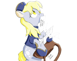 Size: 1600x1283 | Tagged: safe, artist:ando, derpy hooves, pegasus, pony, g4, clothes, female, letter, mailbag, mailmare, mare, mouth hold, simple background, sitting, solo, uniform