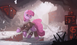 Size: 2500x1467 | Tagged: safe, artist:fuzzyfox11, berry punch, berryshine, g4, cave, clothes, female, jacket, snow, solo