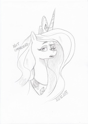 Size: 2480x3507 | Tagged: safe, artist:saturdaymorningproj, princess celestia, g4, bedroom eyes, dialogue, female, high res, looking at you, monochrome, open mouth, portrait, sketch, solo, unamused