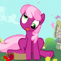 Size: 250x250 | Tagged: safe, screencap, cheerilee, earth pony, pony, g4, secret of my excess, animated, apple, circling stars, derp, dizzy, female, food, mare, solo, tongue out