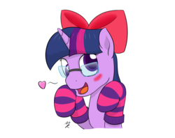 Size: 1280x1015 | Tagged: safe, artist:mkogwheel, twilight sparkle, g4, blushing, bow, clothes, derp face, female, glasses, hair bow, heart, ribbon, socks, solo, striped socks