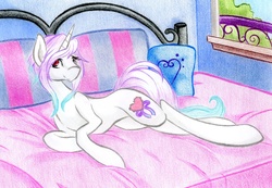 Size: 2601x1800 | Tagged: safe, artist:emberslament, oc, oc only, oc:reverie, pony, unicorn, bed, traditional art