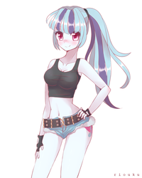 Size: 800x1000 | Tagged: safe, artist:riouku, sonata dusk, equestria girls, adorasexy, belly button, black lagoon, blushing, breasts, cleavage, clothes, commission, cosplay, costume, cute, female, marÿke hendrikse, midriff, ponytail, revy, sexy, solo, tanktop, voice actor joke
