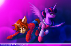 Size: 1000x650 | Tagged: safe, artist:g-haze, twilight sparkle, alicorn, pony, spiders and magic: rise of spider-mane, g4, amethyst sorceress, crossover, crossover shipping, female, male, mare, peter parker, ponified, shipping, spider-man, spidertwi, twilight sparkle (alicorn)