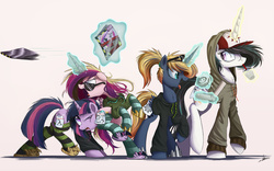Size: 2500x1563 | Tagged: safe, artist:ncmares, princess cadance, princess celestia, princess luna, twilight sparkle, alicorn, pony, ask majesty incarnate, equestria daily, g4, alicorn tetrarchy, banana, bananalestia, clothes, dashie slippers, disguise, fake cutie mark, female, food, hoodie, levitation, magazine, magic, majestic as fuck, mare, my eyes are up here, open mouth, paper-thin disguise, simple background, slippers, socks, sticky note, striped socks, sunglasses, telekinesis, twilight sparkle (alicorn), twily slippers, white background, wig