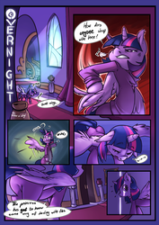 Size: 848x1200 | Tagged: safe, artist:atryl, artist:siden, twilight sparkle, alicorn, pony, semi-anthro, comic:overnight, g4, arm hooves, clothes, comic, dialogue, explicit source, eyes closed, female, mare, open mouth, solo, speech bubble, sweat, twilight sparkle (alicorn), wingboner