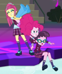 Size: 498x592 | Tagged: safe, screencap, pinkie pie, sour sweet, varsity trim, equestria girls, friendship games, g4, angry, background human, cropped, crystal prep academy uniform, dimensional cracks, eyes closed, freckles, glasses, gritted teeth, open mouth, school uniform