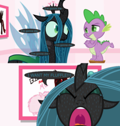 Size: 845x888 | Tagged: safe, artist:mixermike622, edit, queen chrysalis, spike, oc, oc:fluffle puff, oc:marksaline, changeling, changeling queen, dragon, fluffle puff tales, tumblr:ask fluffle puff, g4, anxiety, crying, cute, cutealis, damsel in distress, dialogue, dork, duo, fear, female, help me, helpless, implied fluffle puff, intimidating, logic, looking at each other, male, nervous, open mouth, panic, panic attack, ptsd, scared, screaming, size difference, stool, sweat, teary eyes, text, thought bubble, wat, whining