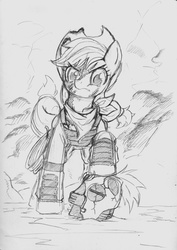 Size: 1252x1766 | Tagged: safe, artist:commissarbu, applejack, g4, alternate timeline, bandana, crystal war timeline, female, helmet, monochrome, scar, solo, traditional art