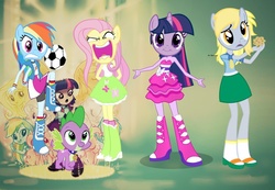 Size: 900x621 | Tagged: safe, artist:amy mebberson, artist:rdlovegirl, edit, idw, derpy hooves, fluttershy, rainbow dash, spike, twilight sparkle, human, anthro, equestria girls, g4, body swap, flutterrage, head swap, human ponidox, self paradox, wat, what has science done, xk-class end-of-the-world scenario, you're going to love me