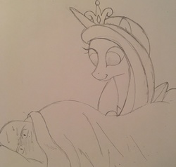 Size: 2962x2825 | Tagged: safe, artist:anonymous, princess cadance, oc, oc:anon, human, g4, bed, high res, monochrome, sweat, watching
