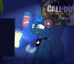 Size: 636x546 | Tagged: dead source, safe, artist:ultrard, princess luna, alicorn, pony, gamer luna, g4, call of duty, call of duty: advanced warfare, colored pupils, controller, female, gaming, headset, levitation, magic, pc talk in the comments, poster, shadow, signature, solo, telekinesis, television
