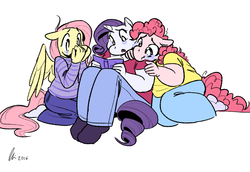 Size: 1280x880 | Tagged: safe, artist:rwl, fluttershy, pinkie pie, rarity, anthro, g4, :o, :t, book, chubby, clothes, crying, cute, fat, female, flaripie, floppy ears, frown, group, lesbian, open mouth, ot3, polyamory, reading, sad, ship:flarity, ship:flutterpie, ship:raripie, shipping, simple background, sitting, spread wings, sweater, sweatershy, trio, wide eyes