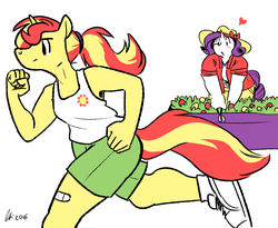 Size: 1280x1051 | Tagged: safe, artist:rwl, rarity, sunset shimmer, unicorn, anthro, g4, armpits, bandaid, chubby, fat, female, garden, gardening, hat, jogging, lesbian, running, scissors, shipping, shrub, sunsarity