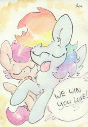 Size: 511x736 | Tagged: safe, artist:slightlyshade, rainbow dash, scootaloo, g4, dialogue, tongue out, traditional art
