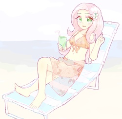 Size: 786x765 | Tagged: safe, artist:nemucure, fluttershy, human, equestria girls, g4, barefoot, beach, beach chair, belly button, bikini, chair, cleavage, clothes, colored pupils, cute, feet, female, midriff, pixiv, sarong, sexy, shyabetes, solo, swimsuit