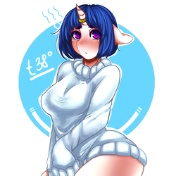 Size: 1024x1024 | Tagged: safe, artist:tolsticot, oc, oc only, anthro, blushing, breasts, clothes, female, horn, horn ring, sweater