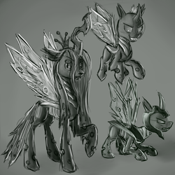 Size: 4000x4000 | Tagged: safe, artist:whazzam95, queen chrysalis, changeling, changeling queen, g4, changeling officer, crown, female, helmet, jewelry, monochrome, regalia