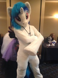 Size: 600x804 | Tagged: safe, artist:atalonthedeer, dj pon-3, vinyl scratch, human, g4, clothes, cosplay, costume, fursuit, irl, irl human, photo