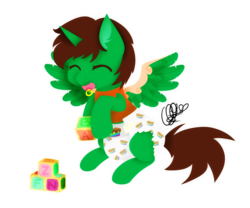 Size: 800x665 | Tagged: safe, artist:pillonchou, oc, oc only, oc:frost d. tart, alicorn, pony, alicorn oc, blocks, cute, cutie mark diapers, diaper, eyes closed, non-baby in diaper, pacifier, solo, toy