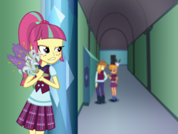 Size: 1200x900 | Tagged: safe, artist:bootsyslickmane, braeburn, little strongheart, sour sweet, fanfic:the shadowbolts adventures, equestria girls, g4, my little pony equestria girls: friendship games, bouquet, clothes, crystal prep academy, crystal prep academy uniform, crystal prep shadowbolts, equestria girls-ified, fanfic, fanfic art, female, flower, freckles, hallway, hat, jealous, lockers, male, school uniform, ship:braeheart, shipping, skirt, straight