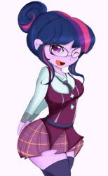 Size: 727x1182 | Tagged: safe, artist:mabo, sci-twi, twilight sparkle, human, equestria girls, g4, clothes, crystal prep academy uniform, cute, female, glasses, meganekko, necktie, school tie, school uniform, schoolgirl, socks, solo, teenager, thigh highs, twiabetes, wide hips, wink, zettai ryouiki