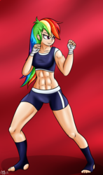 Size: 1000x1700 | Tagged: safe, artist:novaspark, rainbow dash, human, g4, abs, barefoot, belly button, clothes, feet, female, fighter, human coloration, humanized, kickboxing, martial arts, midriff, shorts, solo, sports bra