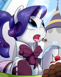 Size: 2000x2500 | Tagged: safe, artist:khorme, rarity, pony, unicorn, g4, rarity investigates, cake, female, fetish, food, high res, imminent vore, macro, micro, open mouth, raripred, tongue out, unaware, uvula