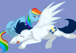 Size: 700x488 | Tagged: safe, artist:colourstrike, rainbow dash, soarin', pegasus, pony, g4, female, male, preening, ship:soarindash, shipping, straight