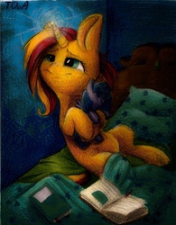 Size: 655x841 | Tagged: safe, artist:theorderofalisikus, sunset shimmer, pony, unicorn, g4, bed, book, doll, female, looking up, sitting, solo, toy, traditional art