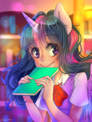 Size: 768x1024 | Tagged: safe, artist:iponylover, twilight sparkle, human, g4, book, eared humanization, female, horn, horned humanization, humanized, solo, winged humanization