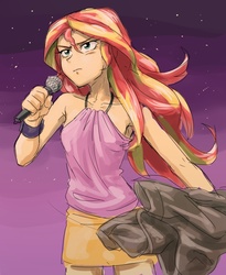 Size: 657x800 | Tagged: safe, artist:invisibleone11, sunset shimmer, human, equestria girls, g4, my little pony equestria girls: rainbow rocks, armpits, female, humanized, scene interpretation, sleeveless, solo, the coats are off, undressing, welcome to the show