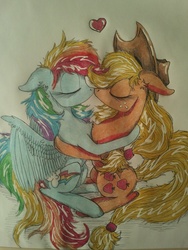 Size: 1024x1365 | Tagged: safe, artist:penkatshi, applejack, rainbow dash, g4, female, heart, kissing, lesbian, ship:appledash, shipping, sketch, traditional art