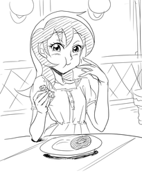 Size: 600x730 | Tagged: safe, artist:invisibleone11, minuette, human, g4, bread, donut, eating, female, food, humanized, monochrome, solo