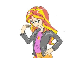 Size: 600x450 | Tagged: safe, artist:invisibleone11, sunset shimmer, equestria girls, g4, clothes, female, jacket, leather jacket, simple background, sketch, skirt, solo, white background